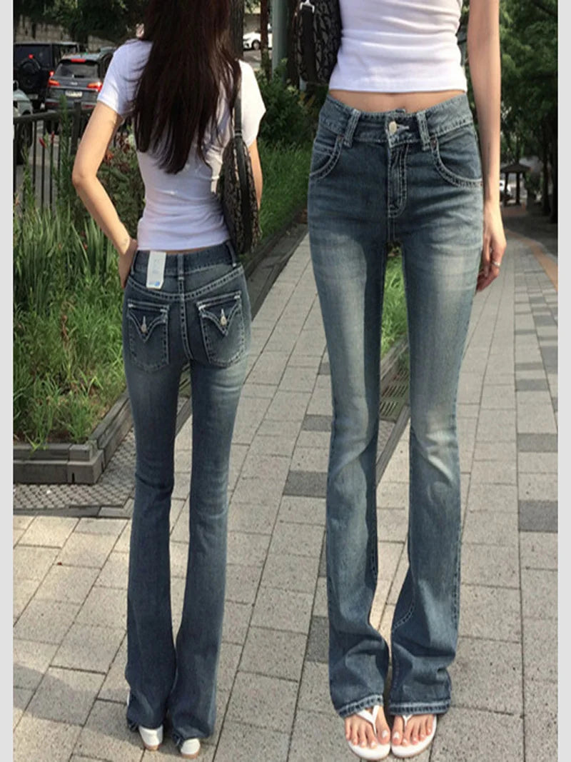 Gothic Buddha‑Head Women’s Y2K Jeans – Vintage Blue Baggy Low‑Waist Wide‑Leg Trousers with Hip‑Hop Pocket Embroidery