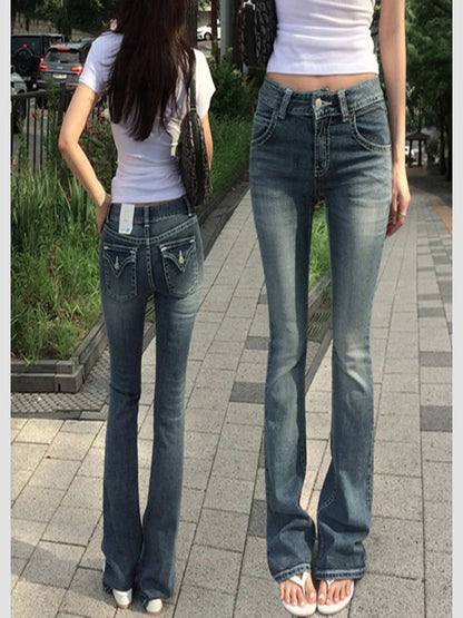 Gothic Buddha‑Head Women’s Y2K Jeans – Vintage Blue Baggy Low‑Waist Wide‑Leg Trousers with Hip‑Hop Pocket Embroidery