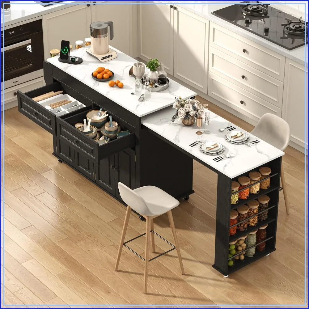 80"–48" Extendable Kitchen Island with Power Outlet & Marble Top
