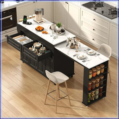 80"–48" Extendable Kitchen Island with Power Outlet & Marble Top