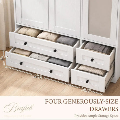 Tall 3‑Door Armoire Closet with Mirror & Drawers – White