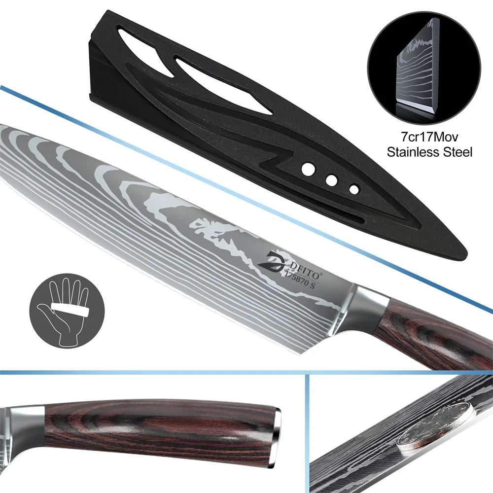 8pcs Kitchen Knife Damascus Stainless Steel Chef Knife Utility Paring Boning Cleaver Slicing Santoku Knives With Nylon Bag
