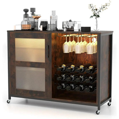 Rolling Wine Bar Cabinet with LED Lights — Rustic Brown