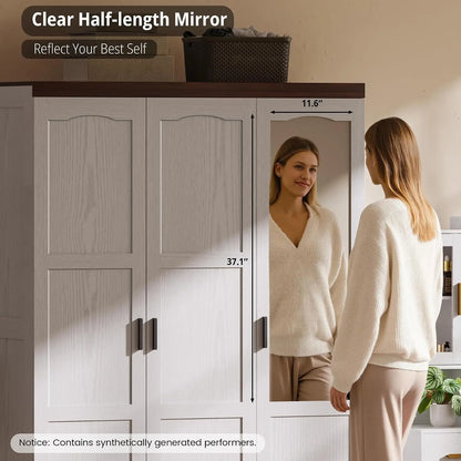 3 Door Armoire Wardrobe Closet with Mirror, Large Wardrobe Closet with Doors, White Armoire for Bedroom with Hanging