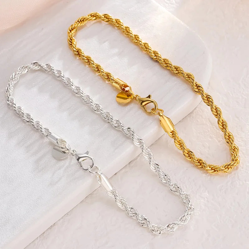 925 Sterling Silver 4MM Twisted Rope Chain Bracelets
