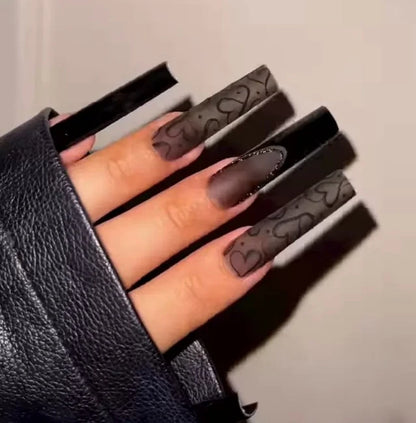 24Pcs Gold French Border False Long Coffin Press on Nails with Rhinestones Ballerina Full Cover