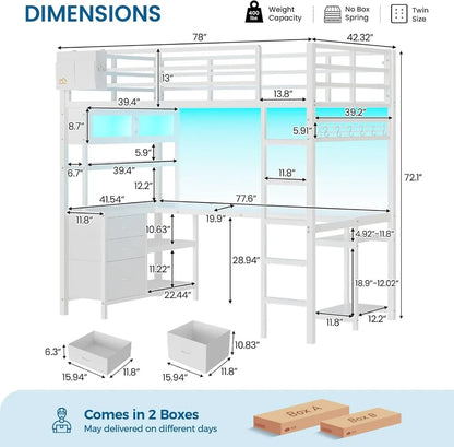 Twin Loft Bed w/ L‑Desk, LED, Drawers, USB & Safety Rail