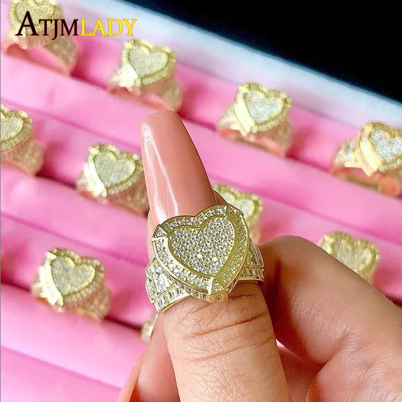 Mother's Day Gift For Girlfriend Hip Hop Gold Color Iced Out 5A Heart Cubic Zirconia Heart CZ Wedding Engagement Ring