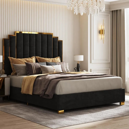 King Velvet Bed Frame with 65" Tall Gold Headboard – Black