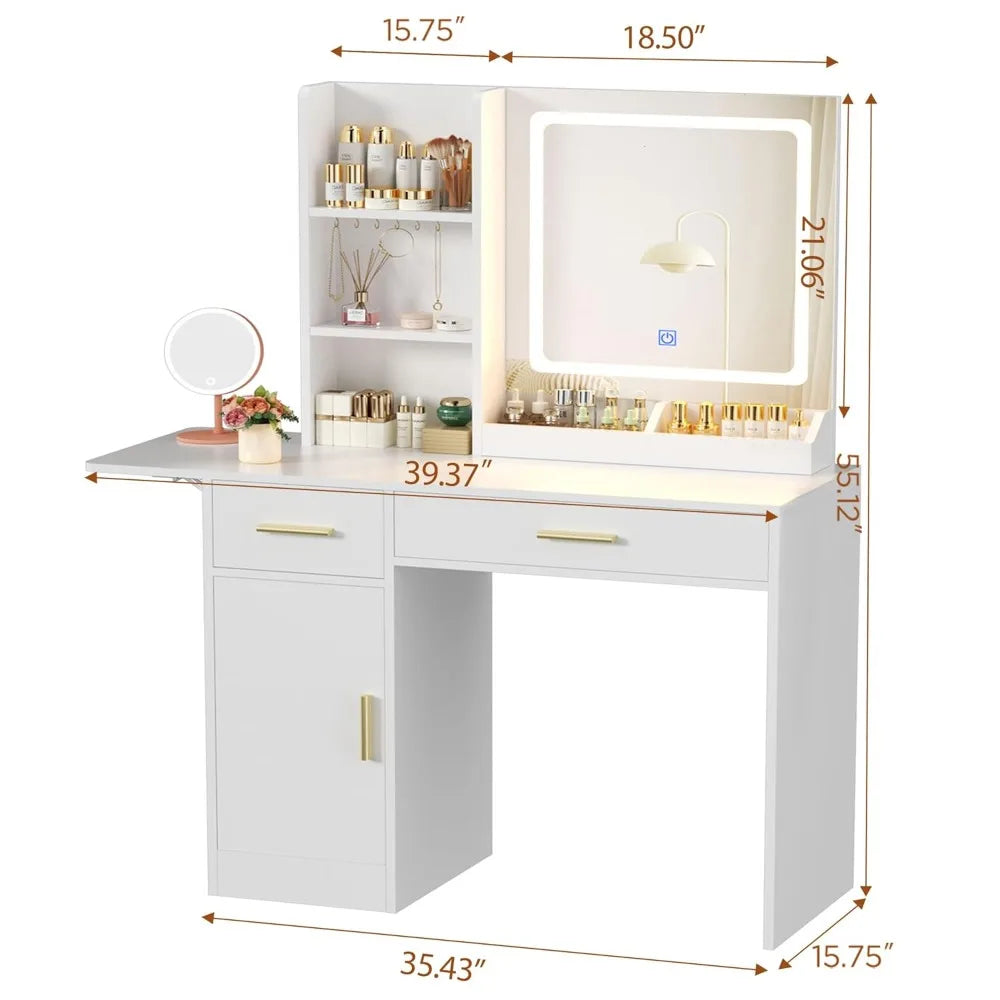 39" Vanity Desk with LED Mirror, Power Outlet & Drawers (Custom)