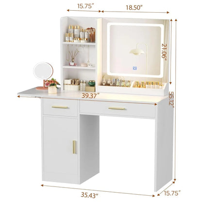 39" Vanity Desk with LED Mirror, Power Outlet & Drawers (Custom)