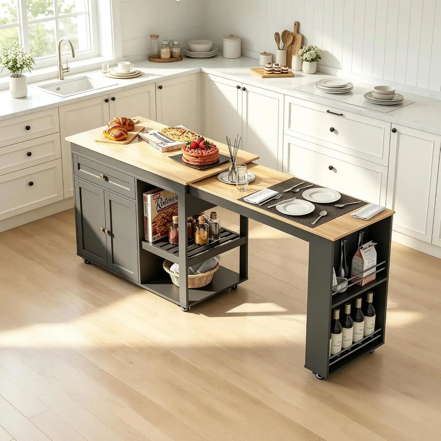 78"–49" Extendable Rolling Kitchen Island with Storage Drawers
