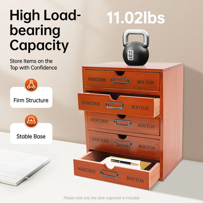 5‑Drawer Wooden Desk Organizer – Vintage Desktop Storage Shelf for Office, Study & Bedroom