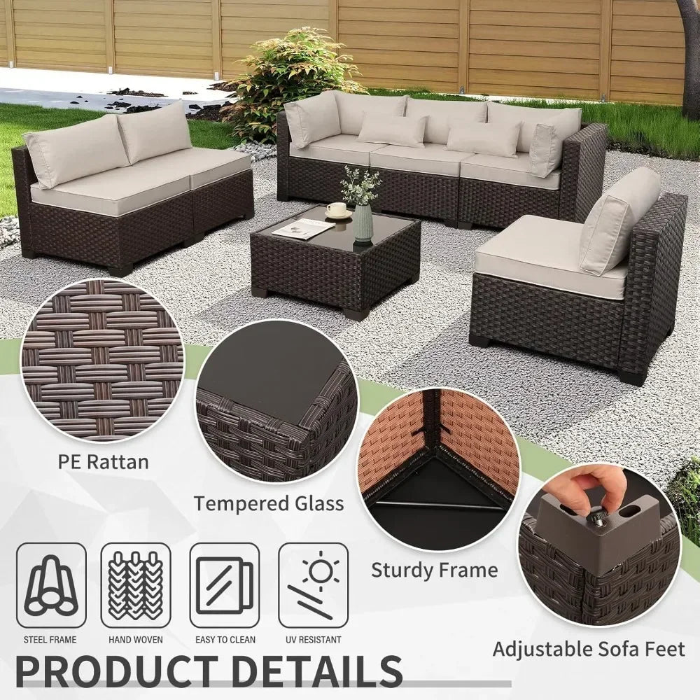 7‑Piece Wicker Patio Sectional Set with Coffee Table – Beige