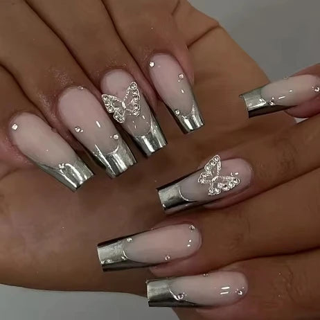 24Pcs Gold French Border False Long Coffin Press on Nails with Rhinestones Ballerina Full Cover