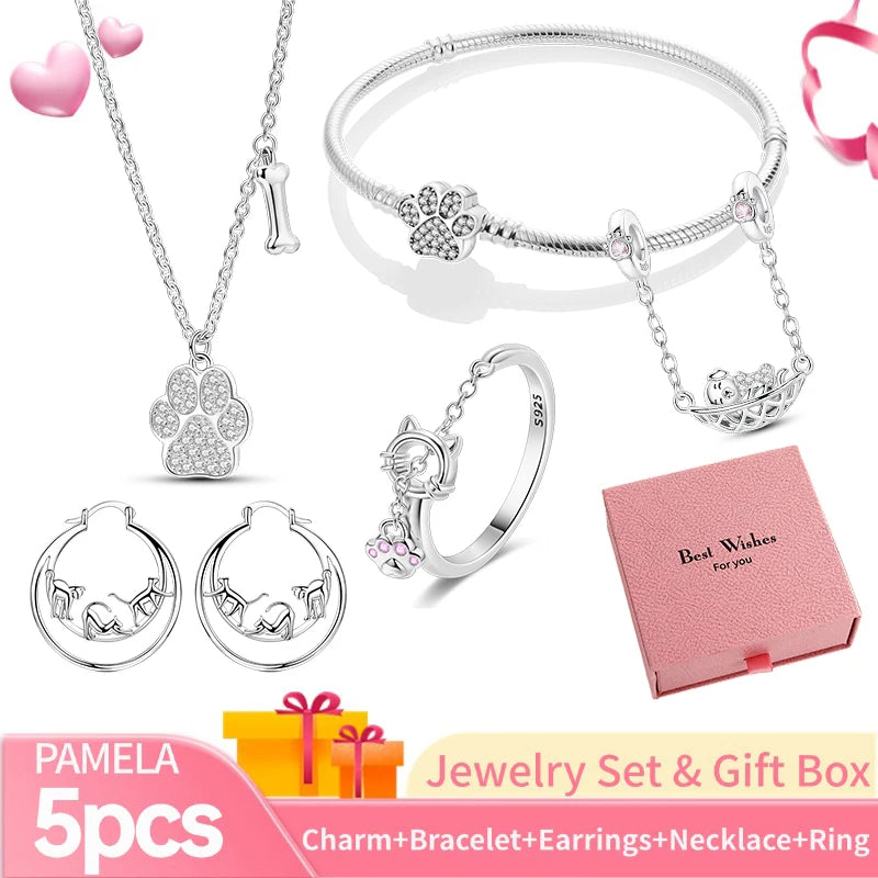 Pink Heart Bracelet Set 925 Silver Original Flower Ring Butterfly Earrings & Gift Box For Women Wedding Jewelry Best Wish 5pcs
