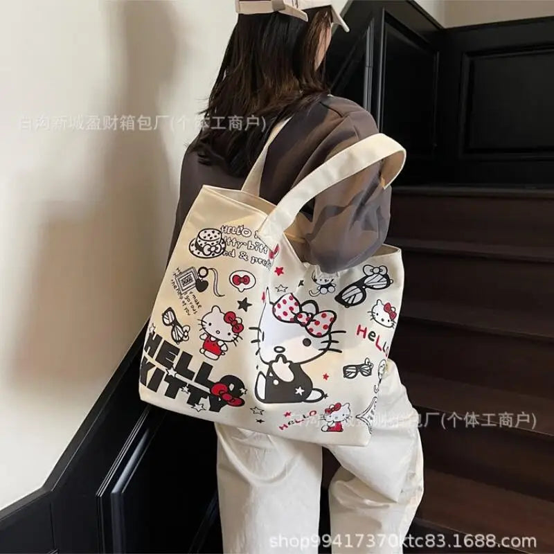 Sanrio Hello Kitty Canvas Zipper Handbag (48cm Large Capacity Tote Bag)