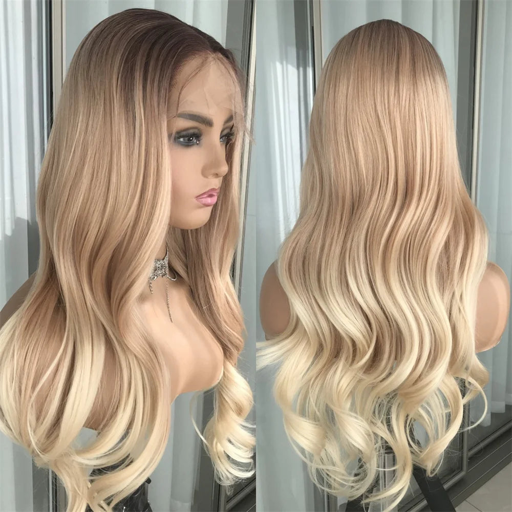 Ash Blonde Body Wave Lace Front Wig – Pre‑Plucked Long Wavy Synthetic Lace Frontal for Women