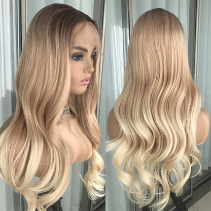 Ash Blonde Body Wave Lace Front Wig – Pre‑Plucked Long Wavy Synthetic Lace Frontal for Women