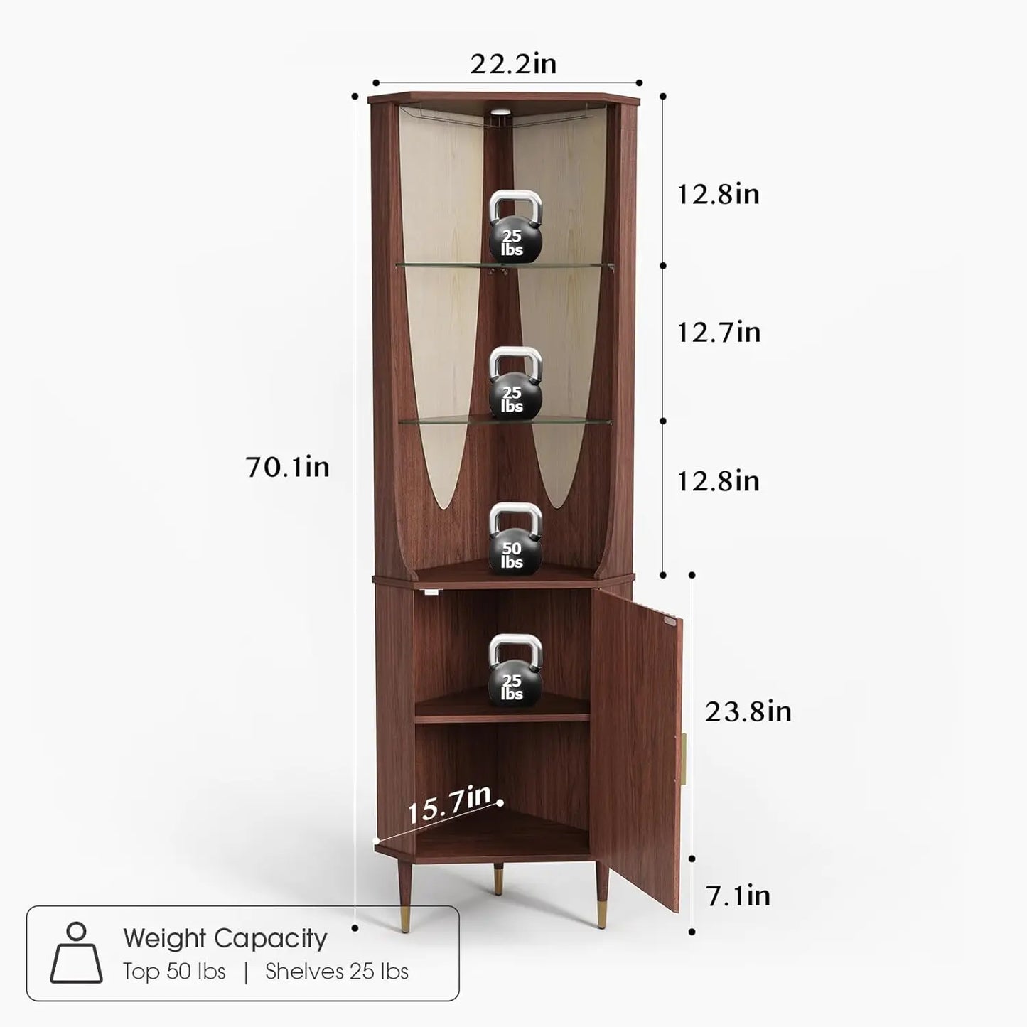 70" Mid‑Century Corner Bar Cabinet with Glass Shelves (Custom)