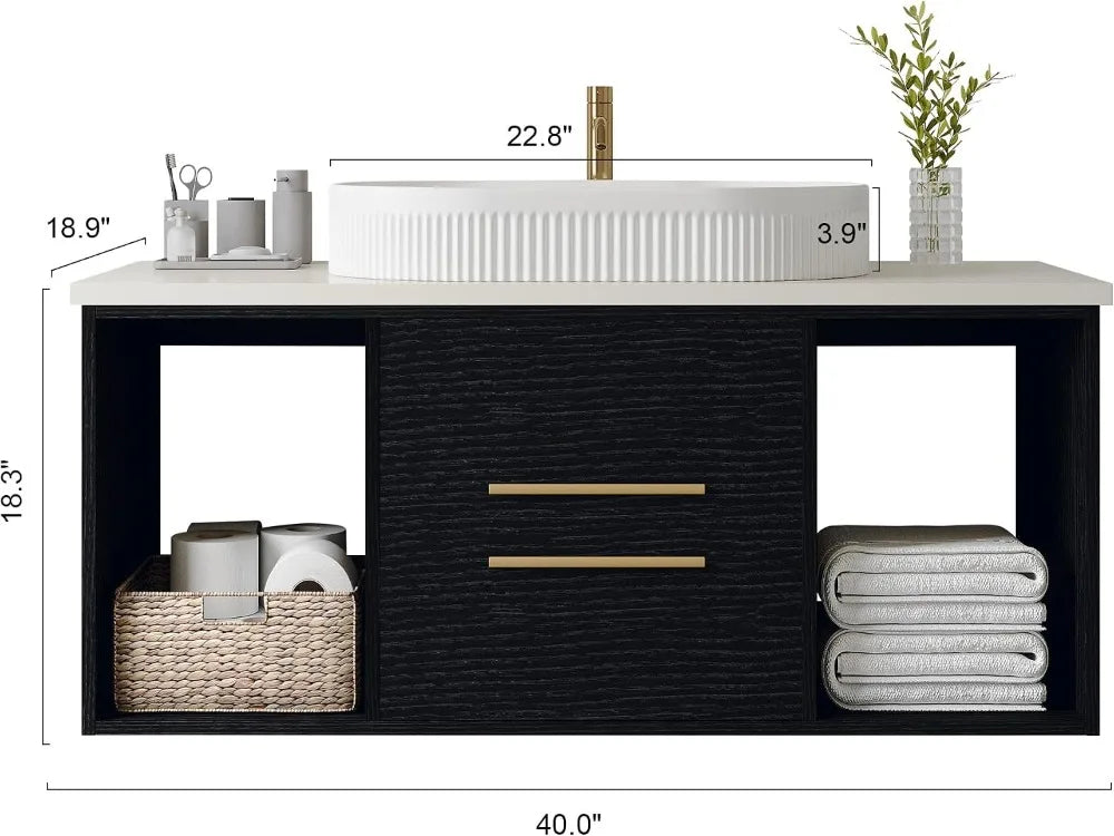 40" Floating Bathroom Vanity with Solid Wood Cabinet & Ceramic Sink