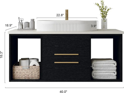 40" Floating Bathroom Vanity with Solid Wood Cabinet & Ceramic Sink