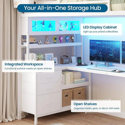 Twin Loft Bed w/ L‑Desk, LED, Drawers, USB & Safety Rail