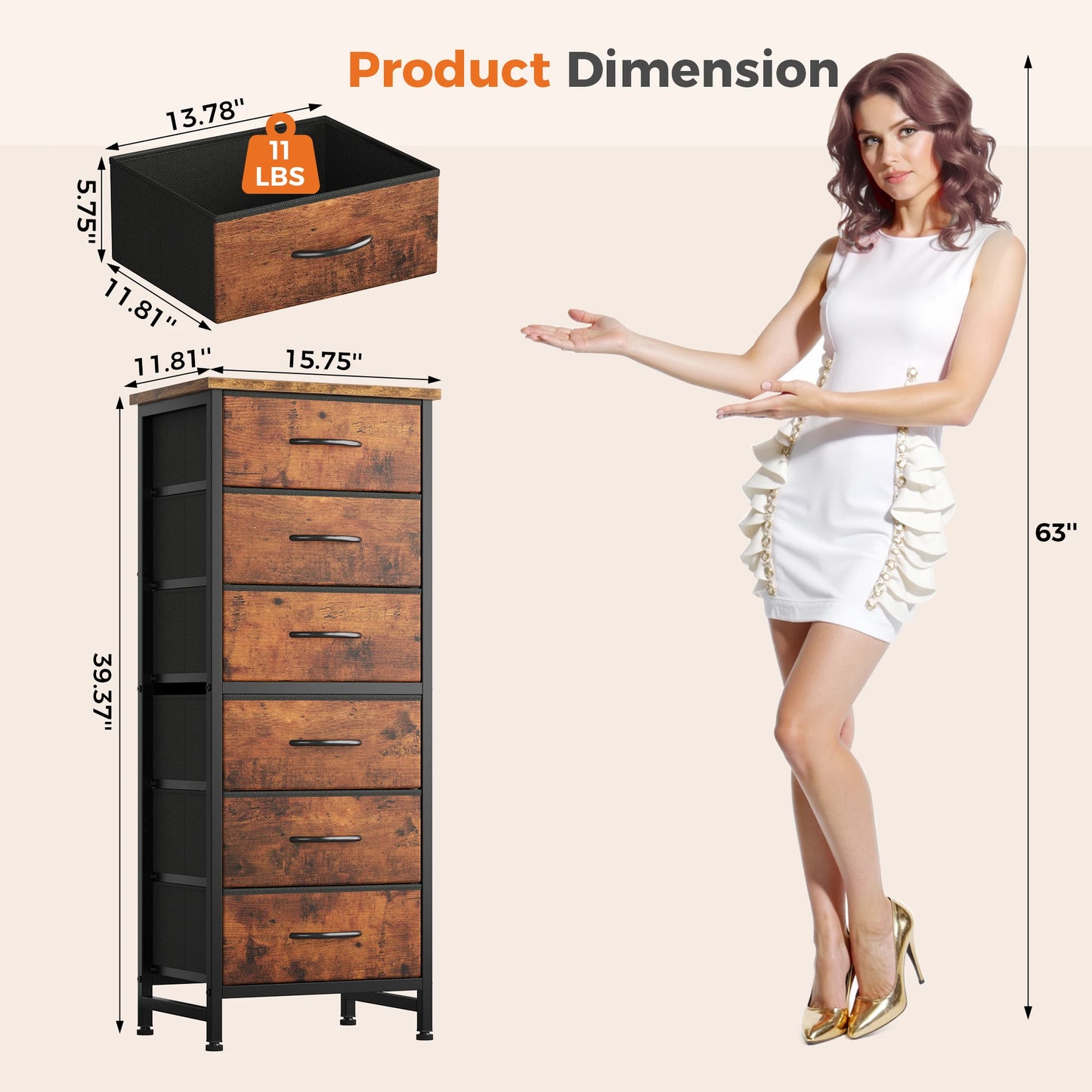 Tall 6‑Drawer Fabric Dresser with Wood Top & Metal Frame