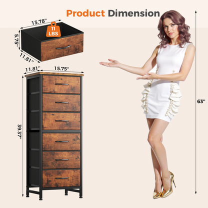 Tall 6‑Drawer Fabric Dresser with Wood Top & Metal Frame