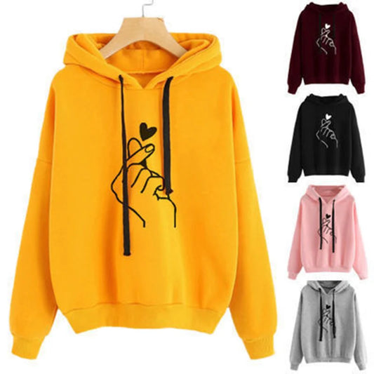 Korean‑Style Fleece Hoodie – Solid Color Finger‑Heart Design, Cozy Autumn Long‑Sleeve Sweatshirt with Pockets