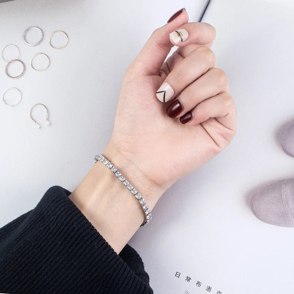 S925 Sterling Silver Tennis Bracelet – 4mm Zirconia, Adjustable 16–20cm, Simple Fashion Engagement & Wedding Jewelry