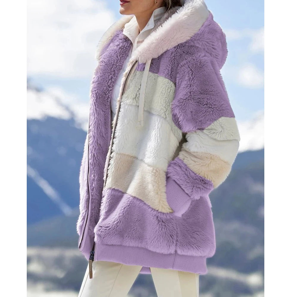 Oversized Jacket for Women Coat Autumn Winter Warm Plush Pocket Hooded Streetwear Loose Lady Zipper Cashmere Outerwear Coat