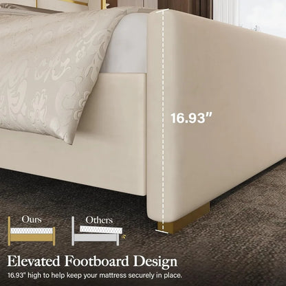 Queen Velvet Bed Frame with 55" Tall Headboard – Gold Trim, Beige