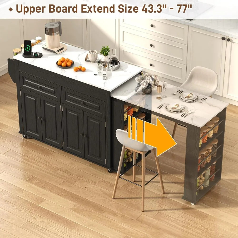 80"–48" Extendable Kitchen Island with Power Outlet & Marble Top