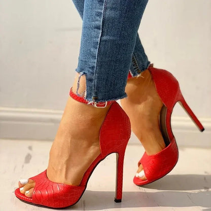 Sexy White Peep Toe Ankle‑Strap Stiletto Pumps – Snake Pattern High Heels