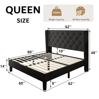 Queen Size Platform Bed Frame with Button Tufted Headboard, Upholstered Bed Frame with Solid Wooden Slats, 8", Customized