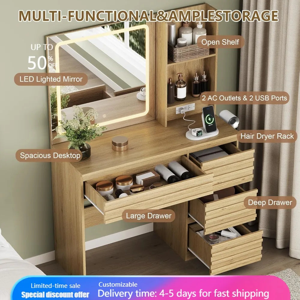 LED Makeup Vanity with 4 Drawers & Open Shelves