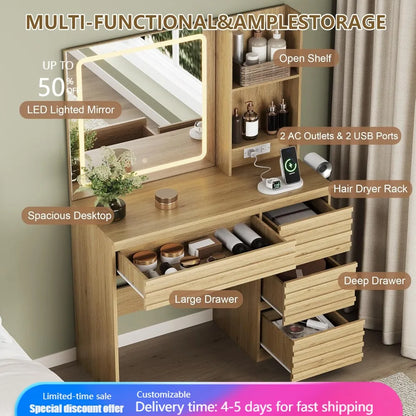 LED Makeup Vanity with 4 Drawers & Open Shelves