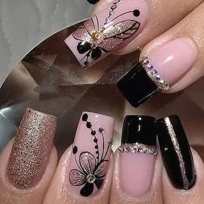 24Pcs French Pink Press on Nails Short Square Head Fake Nails with Flower Rhinestone Design Wearable Finished False Nail Tips