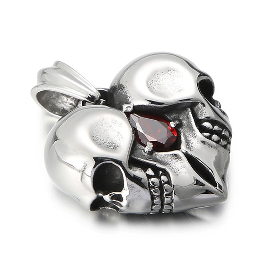 Stainless Steel Love Heart Skull With Red Gemstone Pendant Necklace