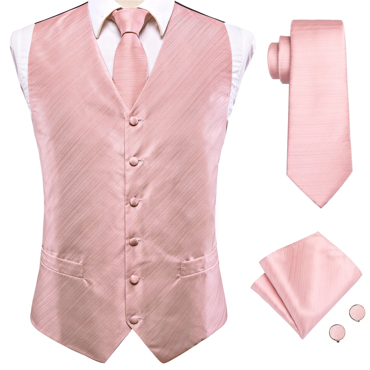 Hi-Tie 20 Color Silk Men's Vests Tie Slim Sleeveless Jacket Hanky Cufflink Waistcoat 4PC Suit