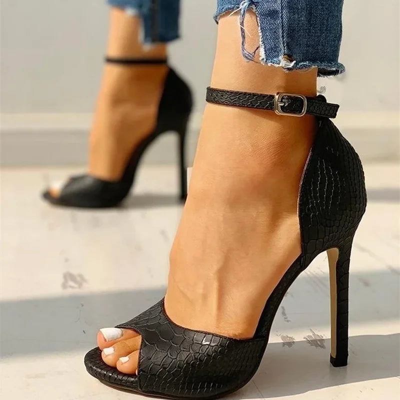 Sexy White Peep Toe Ankle‑Strap Stiletto Pumps – Snake Pattern High Heels