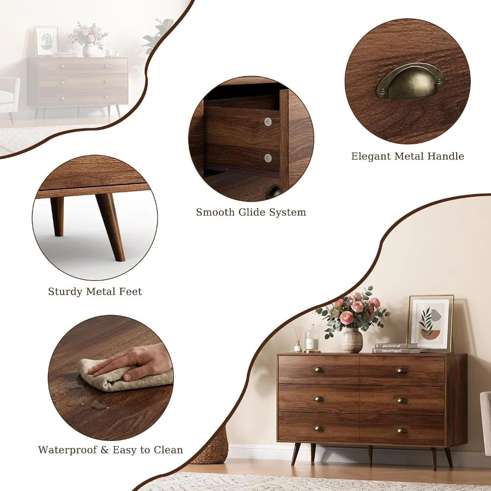 Walnut 6‑Drawer Dresser — 47" Mid‑Century Chest