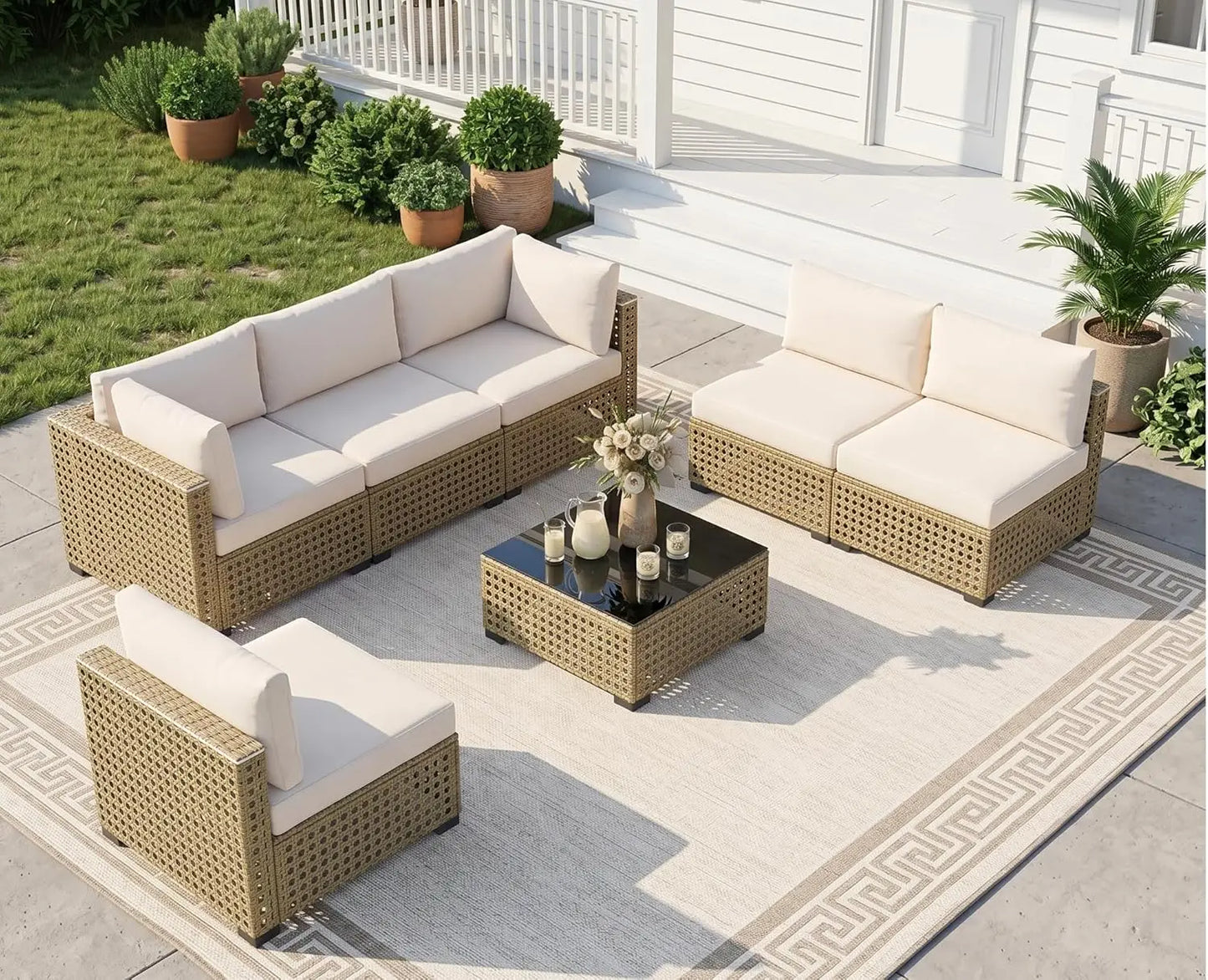 7‑Piece Wicker Rattan Patio Sofa Set with Coffee Table & Cushions