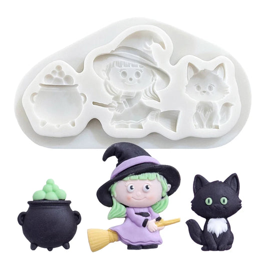 Halloween Witch Cat Cauldron Silicone Sugarcraft Mold Resin Tools Cupcake Baking Mould Fondant Cake Decorating Tools