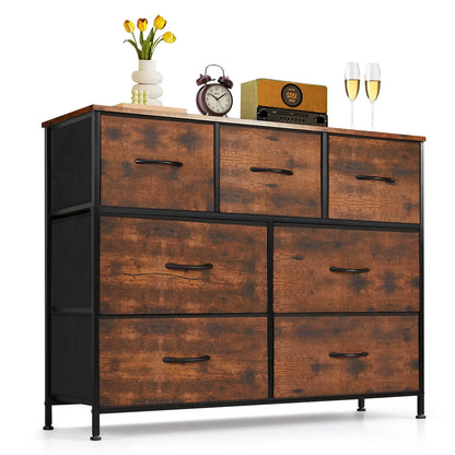 9‑Drawer Tall Bedroom Dresser with Wooden Top & Fabric Bins