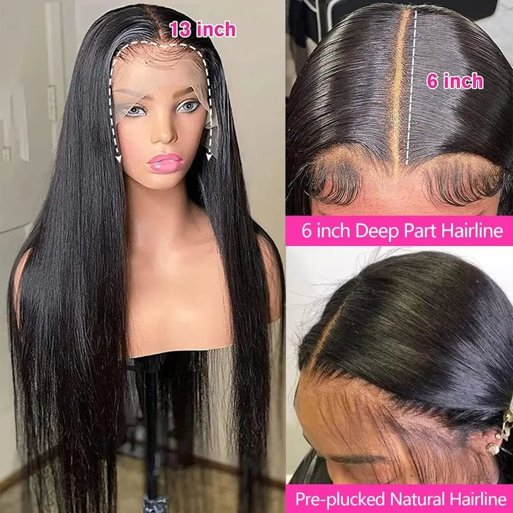 13×6 HD Transparent Straight Lace Front Wig (200% Density · Glueless · Pre‑Plucked)