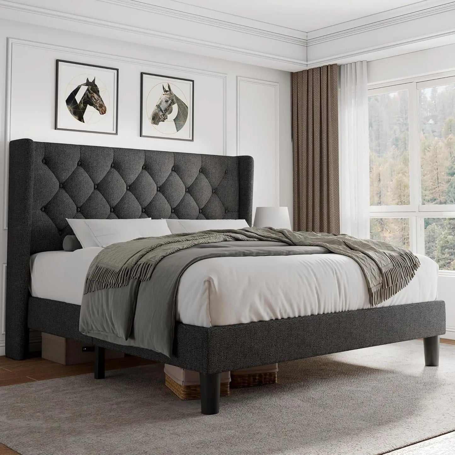 Queen Size Platform Bed Frame with Button Tufted Headboard, Upholstered Bed Frame with Solid Wooden Slats, 8", Customized