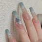 24Pcs Gold French Border False Long Coffin Press on Nails with Rhinestones Ballerina Full Cover