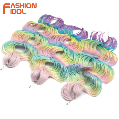 FASHION IDOL 24inch 300g/3pcs Deep Wave Crochet Hair Synthetic Water Wave Braiding Hair Ombre Rainbow color Fake Hair Extensions